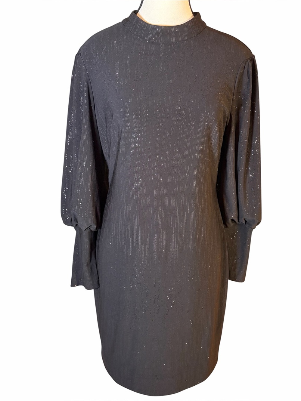 Aidan Mattox Black Shimmer Cocktail Dress Balloon Long Sleeve Mock Neck Size 10
